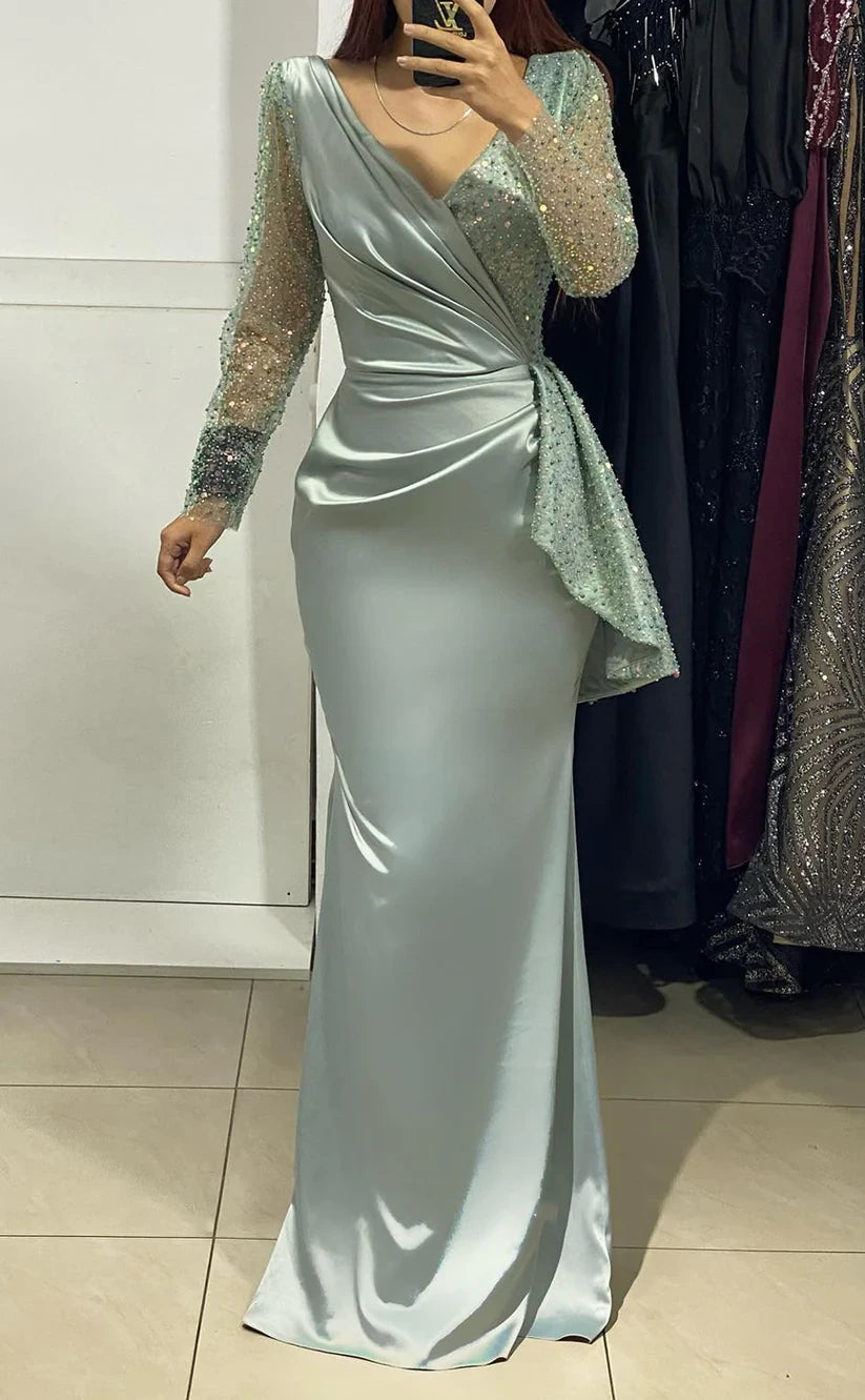 RP423-Elegant Mint Mermaid V-Neck Beads Sequins Long Sleeves Floor Length Prom Evening Dresses Formal Party Gowns