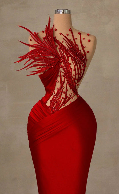 RP218-Red Trumpet Sheer Neck Beads Feather Long Prom Evening Dresses Formal Party Gowns With Pleated