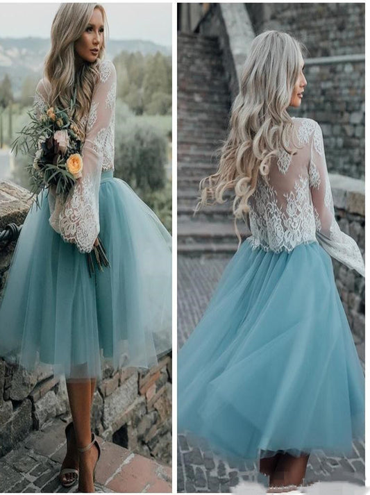 Charming Green Two Piece Long Sleeves Lace Jewel A Line Tulle Tea Length Homecoming Graduation Dresses Cocktail Party Ball Gown Custom Made