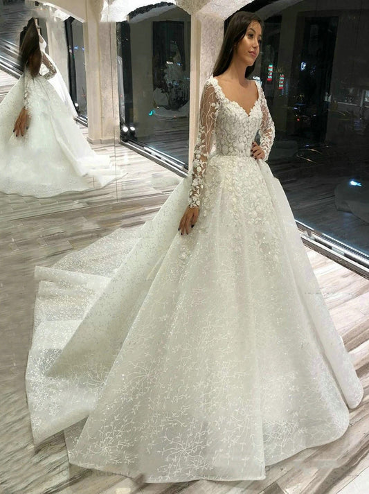 Luxury A-Line Wedding Dresses Sweetehart Beads Appliques Illusion Long Sleeves Lace Court Train Bridal Gowns Custom Made