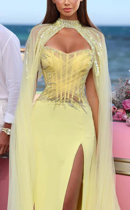 RP849-Elegant Yellow Mermaid High Neck Beads Long Sleeves Long Prom Evening Dresses Formal Party Gowns With Slit