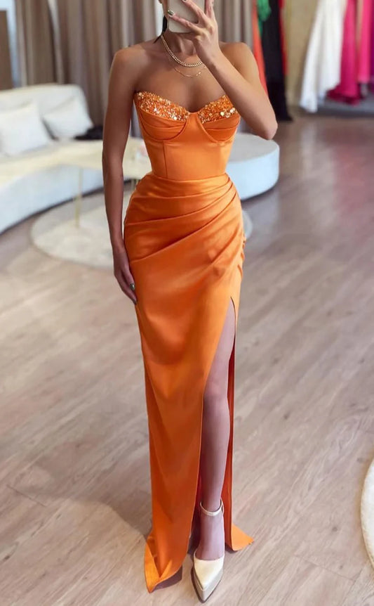 RP1809-Elegant Orange Mermaid Sweetheart Sequins Sleeveless Satin Prom Evening Dresses Formal Party Gowns With Slit