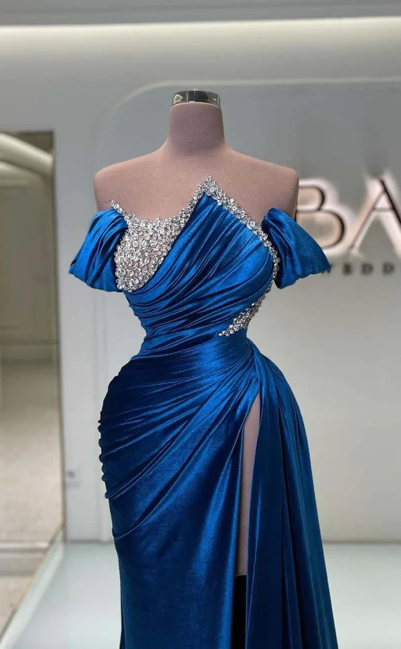 RP853-Gorgeous Royal Blue Mermaid Off-the-Shoulder Crystals Cap Sleeves Long Prom Evening Dresses Formal Party Gowns With Side Slit