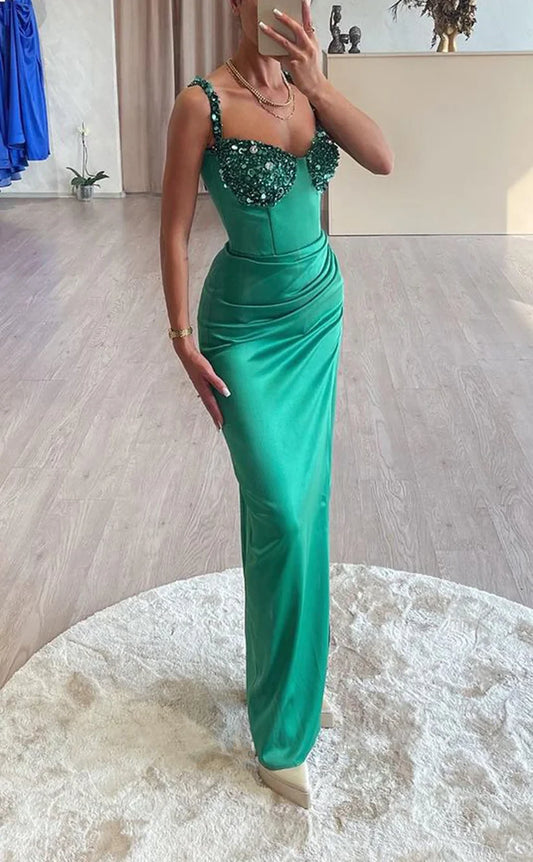 RP1810-New Green Mermaid Spaghetti Ruched Crystals Sleeveless Satin Prom Evening Dresses Formal Party Gowns