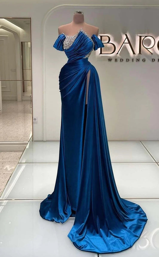 RP853-Gorgeous Royal Blue Mermaid Off-the-Shoulder Crystals Cap Sleeves Long Prom Evening Dresses Formal Party Gowns With Side Slit