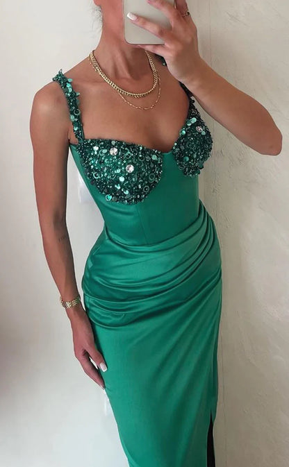 RP1810-New Green Mermaid Spaghetti Ruched Crystals Sleeveless Satin Prom Evening Dresses Formal Party Gowns