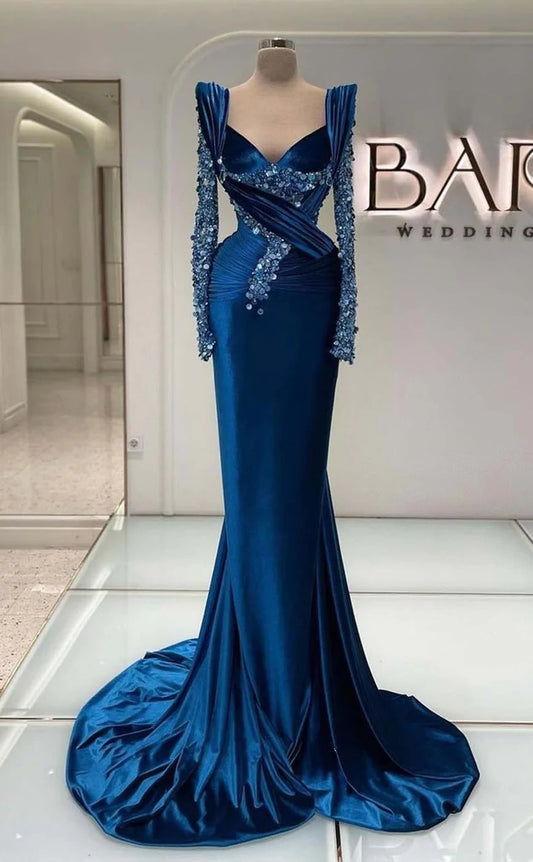 RP854-Gorgeous Royal Blue Mermaid Sweetheart Sequins Long Sleeves Long Prom Evening Dresses Formal Party Gowns