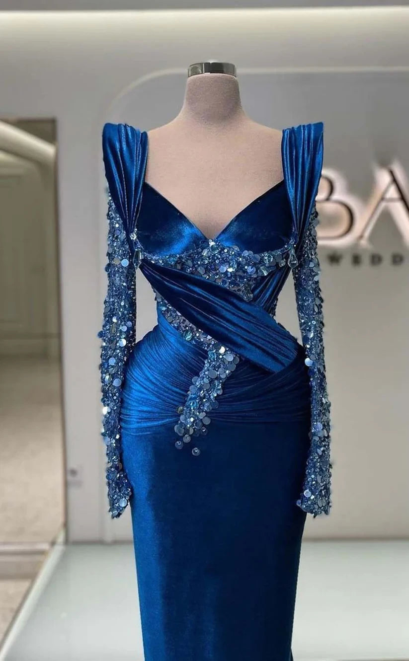 RP854-Gorgeous Royal Blue Mermaid Sweetheart Sequins Long Sleeves Long Prom Evening Dresses Formal Party Gowns