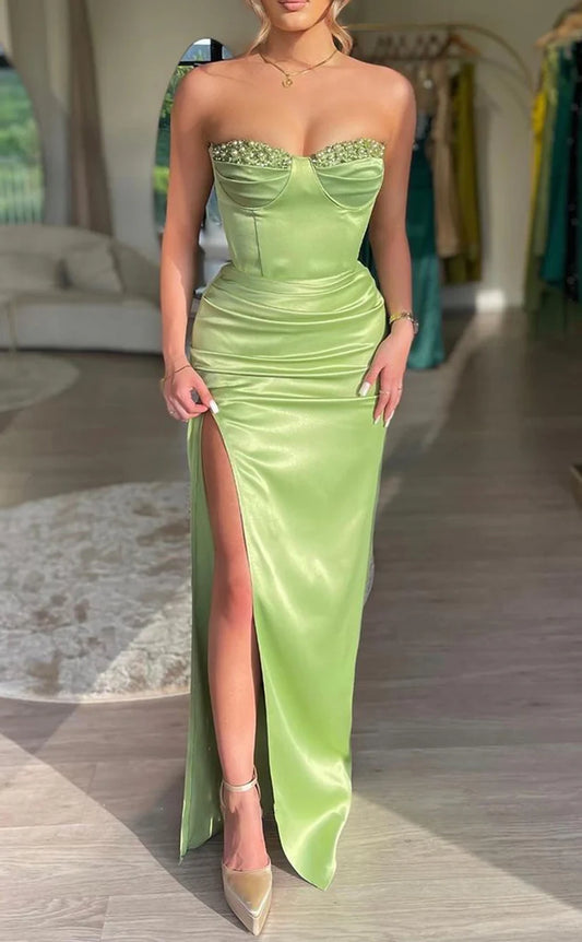 RP1812-Elegant Olive Mermaid Sweetheart Sequins Sleeveless Satin Prom Evening Dresses Formal Party Gowns With Slit