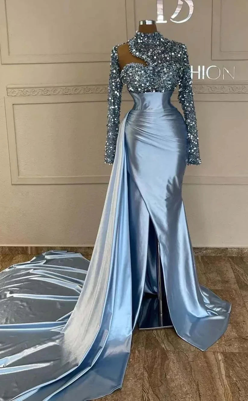 RP856-Elegant Mermaid High Neck Beads Sequins Long Sleeves Long Prom Evening Dresses Formal Party Gowns With Slit