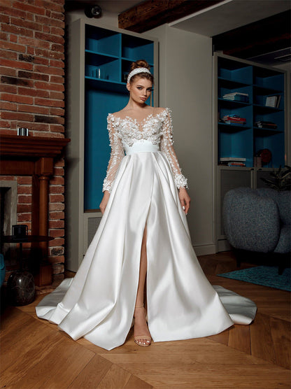 Elegant A-Line Bridal Gowns V-Neck Appliqued Long Sleeves Satin Sweep Train Bridal Gowns With Slit