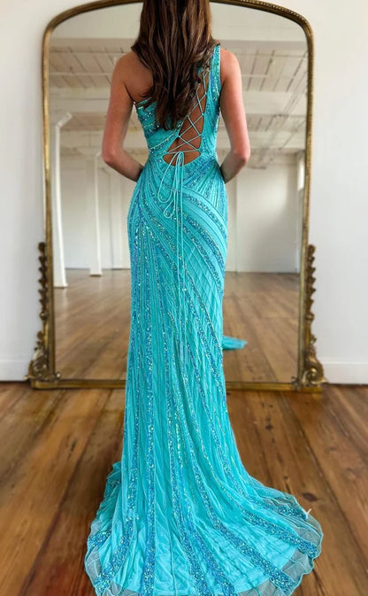 RP1808-New Sky Blue Mermaid One Shoulder Sleeveless Sequins Prom Evening Dresses Formal Party Gowns With Slit