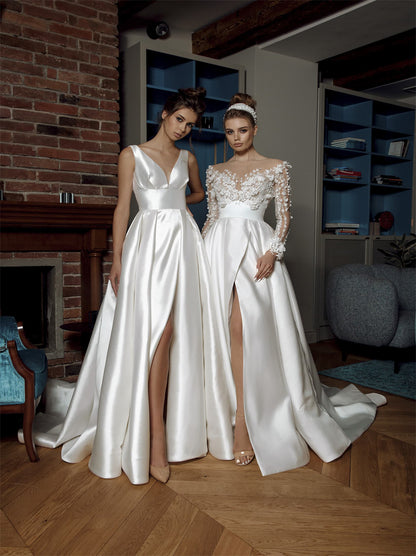 Elegant A-Line Bridal Gowns V-Neck Appliqued Long Sleeves Satin Sweep Train Bridal Gowns With Slit