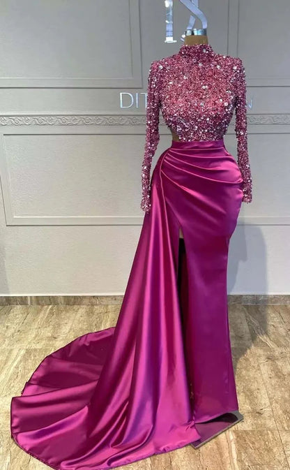 RP857-Elegant Mermaid High Neck Beads Sequins Long Sleeves Long Prom Evening Dresses Formal Party Gowns With Slit