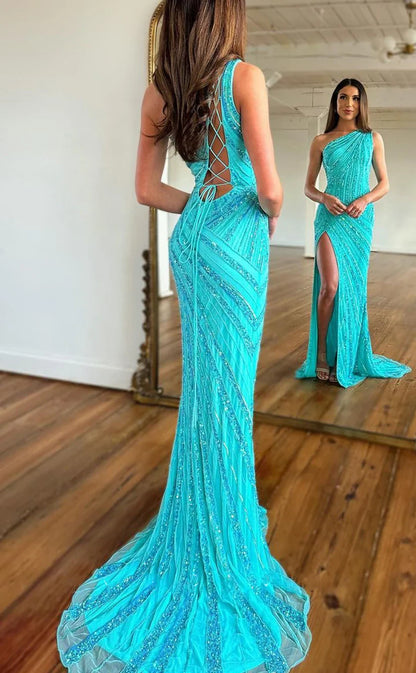 RP1808-New Sky Blue Mermaid One Shoulder Sleeveless Sequins Prom Evening Dresses Formal Party Gowns With Slit