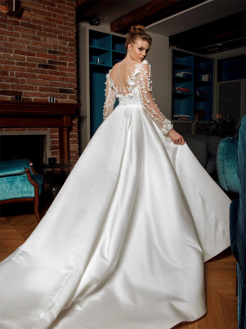 Elegant A-Line Bridal Gowns V-Neck Appliqued Long Sleeves Satin Sweep Train Bridal Gowns With Slit