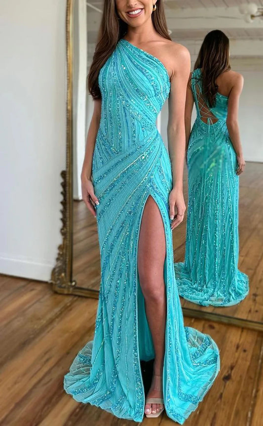 RP1808-New Sky Blue Mermaid One Shoulder Sleeveless Sequins Prom Evening Dresses Formal Party Gowns With Slit