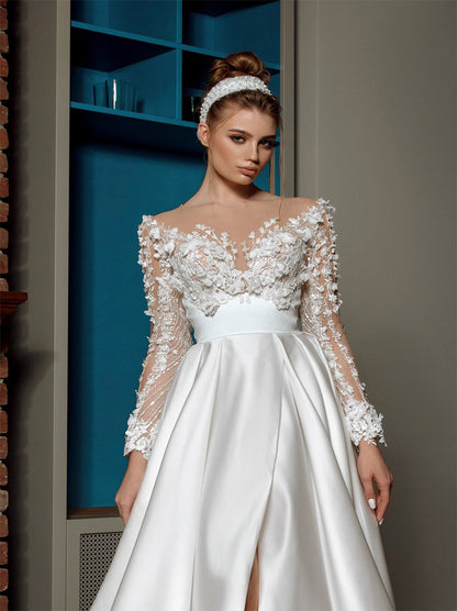 Elegant A-Line Bridal Gowns V-Neck Appliqued Long Sleeves Satin Sweep Train Bridal Gowns With Slit