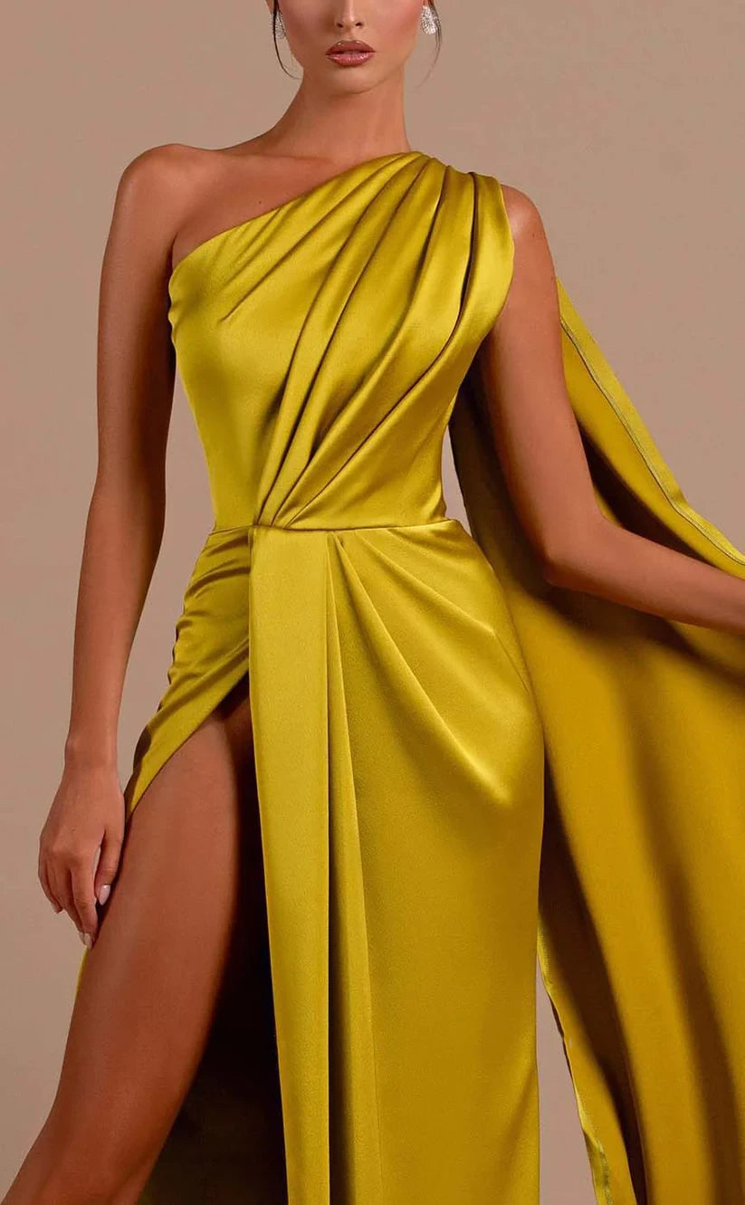 RP852-New Yellow Mermaid One Shoulder Ruched Prom Evening Dresses Formal Party Gowns With Side Slit