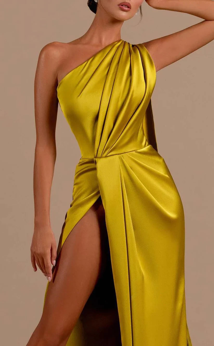 RP852-New Yellow Mermaid One Shoulder Ruched Prom Evening Dresses Formal Party Gowns With Side Slit