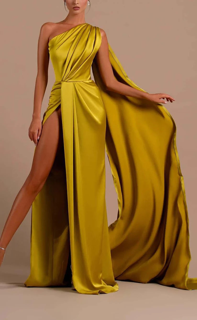 RP852-New Yellow Mermaid One Shoulder Ruched Prom Evening Dresses Formal Party Gowns With Side Slit