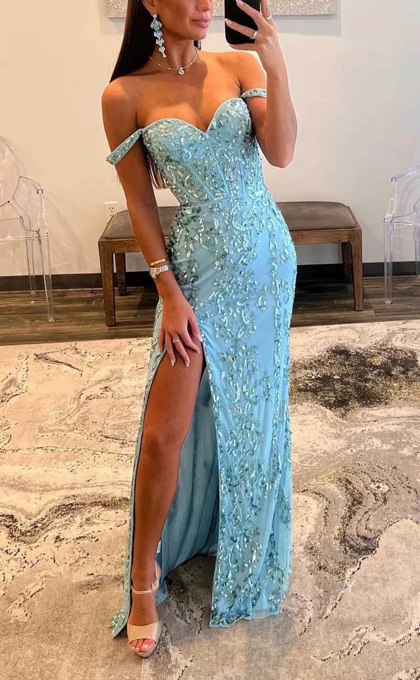 RP1822-Luxurious Sky Blue Mermaid Off-the-Shoulder Sequins Appliqued Sleeveless Tulle Prom Evening Dresses Formal Party Gowns With Slit