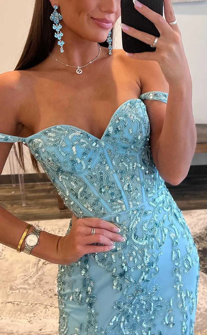 RP1822-Luxurious Sky Blue Mermaid Off-the-Shoulder Sequins Appliqued Sleeveless Tulle Prom Evening Dresses Formal Party Gowns With Slit