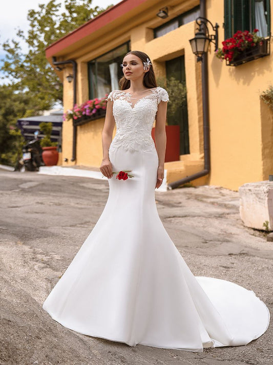 Sexy Mermaid Wedding Dresses Scoop Appliqued Cap Sleeves Satin Sweep Train Bridal Gowns Custom Made