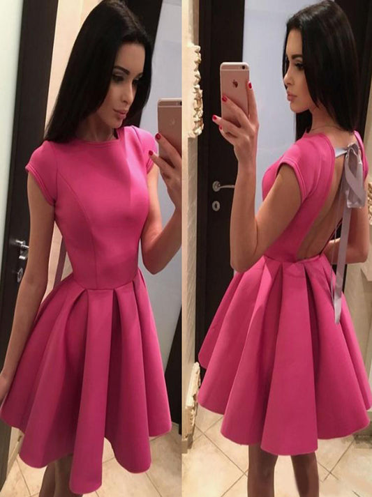 Hot Pink Scoop Neck Cap Sleeve A Line Satin Above Knee Length Sexy Backless Short Sleeves Homecoming Graduation Dresses with Bow Knot Custom Made Cocktail Party Gown