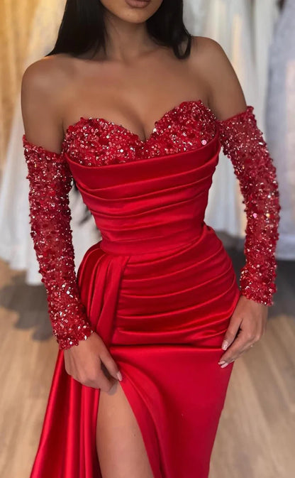 RP424-Elegant Red Mermaid Sweetheart Crystals Beads Ruched Long Sleeves Long Prom Evening Dresses Formal Party Gowns With Slit