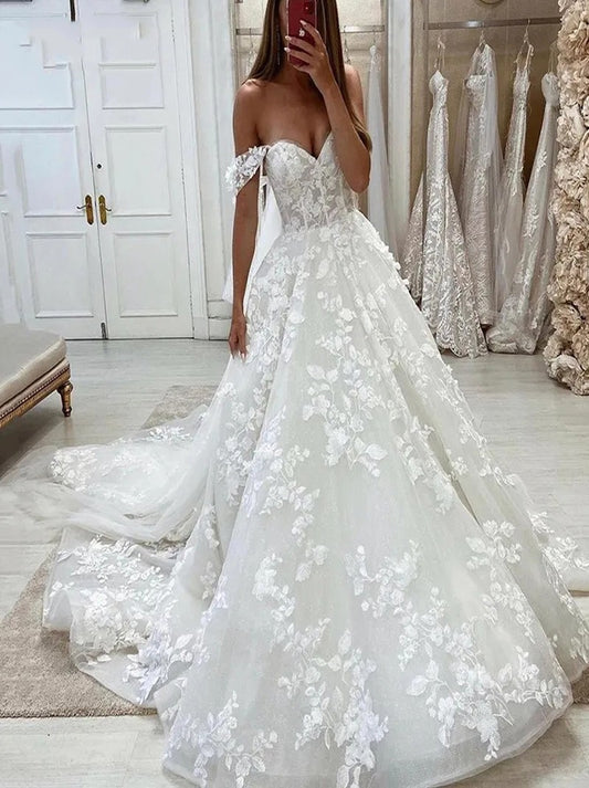 Elegant Ball Gown Wedding Gowns Sweetheart Off The Shoulder Lace Up Appliques Organza Court Train Bridal Gowns Custom Made