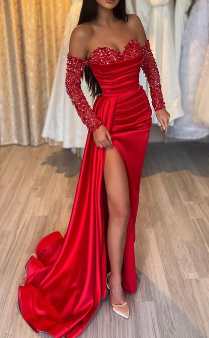 RP424-Elegant Red Mermaid Sweetheart Crystals Beads Ruched Long Sleeves Long Prom Evening Dresses Formal Party Gowns With Slit