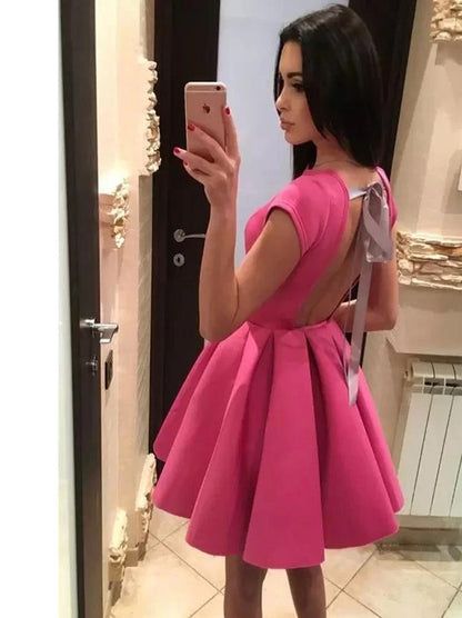 Hot Pink Scoop Neck Cap Sleeve A Line Satin Above Knee Length Sexy Backless Short Sleeves Homecoming Graduation Dresses with Bow Knot Custom Made Cocktail Party Gown