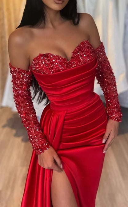 RP424-Elegant Red Mermaid Sweetheart Crystals Beads Ruched Long Sleeves Long Prom Evening Dresses Formal Party Gowns With Slit