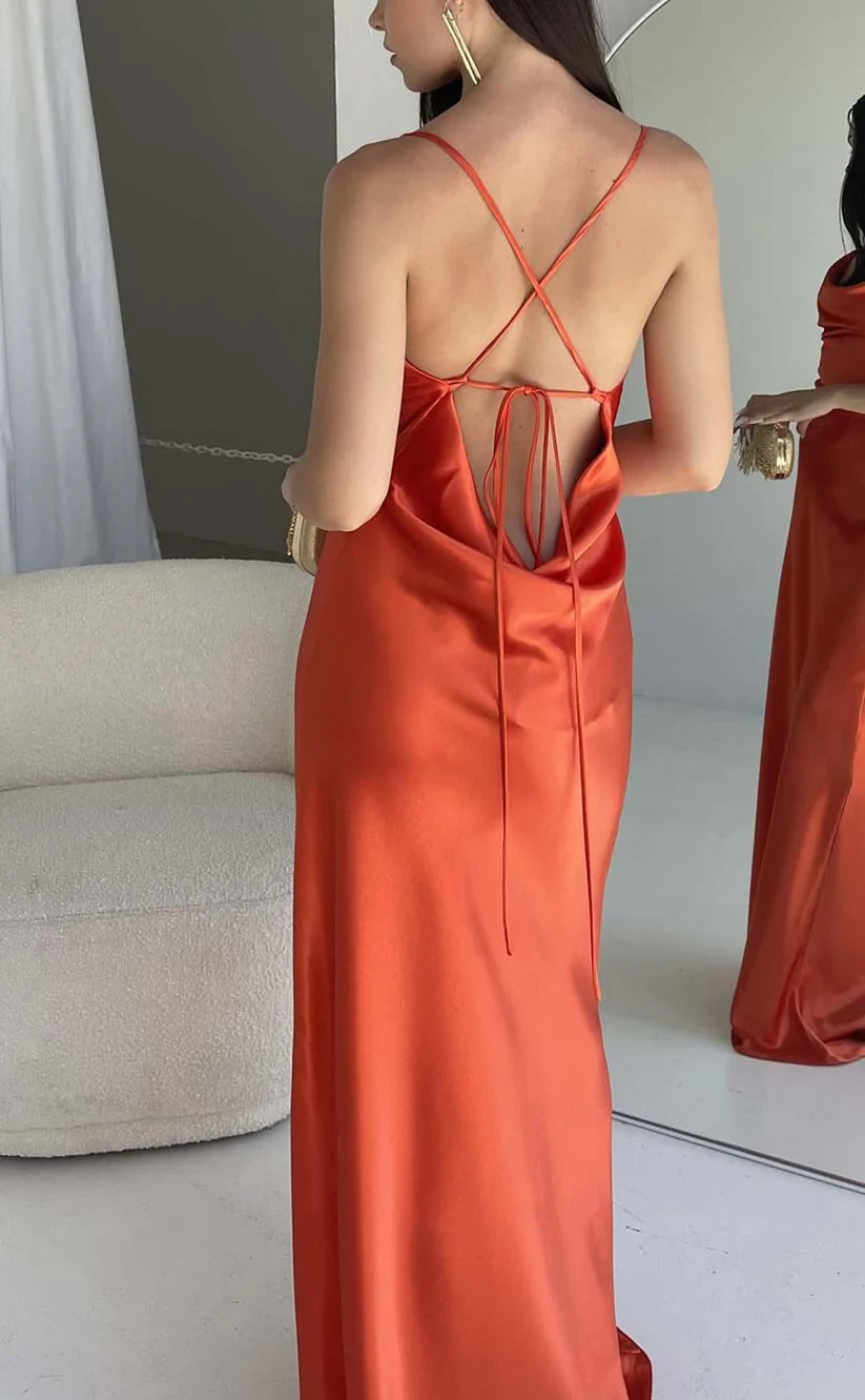 RP850-Sexy Orange Mermaid Spaghetti Ruched Sleeveless Long Prom Evening Dresses Formal Party Gowns With Slit