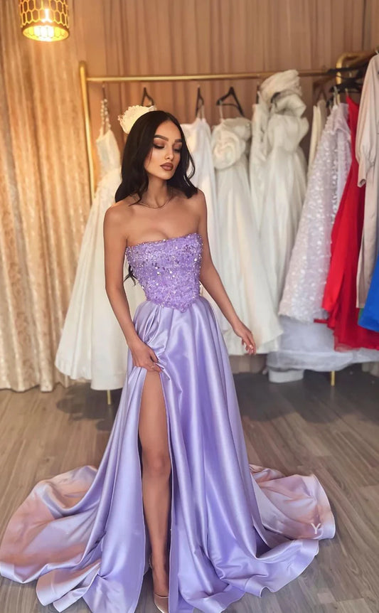 RP1824-Elegant Lavender A-Line Strapless Ruched Sequins Sleeveless Satin Prom Evening Dresses Formal Party Gowns With Slit