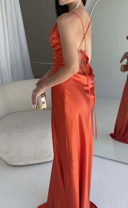 RP850-Sexy Orange Mermaid Spaghetti Ruched Sleeveless Long Prom Evening Dresses Formal Party Gowns With Slit