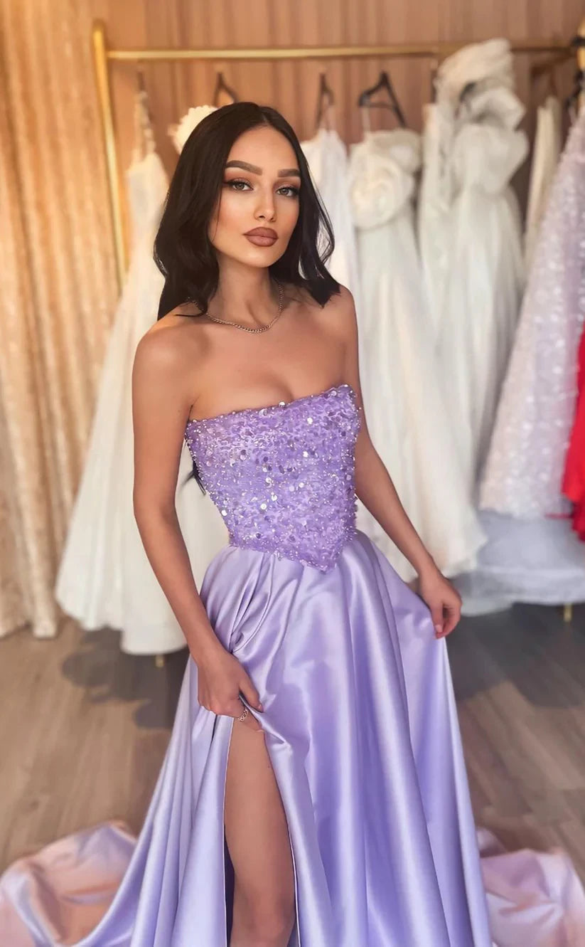 RP1824-Elegant Lavender A-Line Strapless Ruched Sequins Sleeveless Satin Prom Evening Dresses Formal Party Gowns With Slit