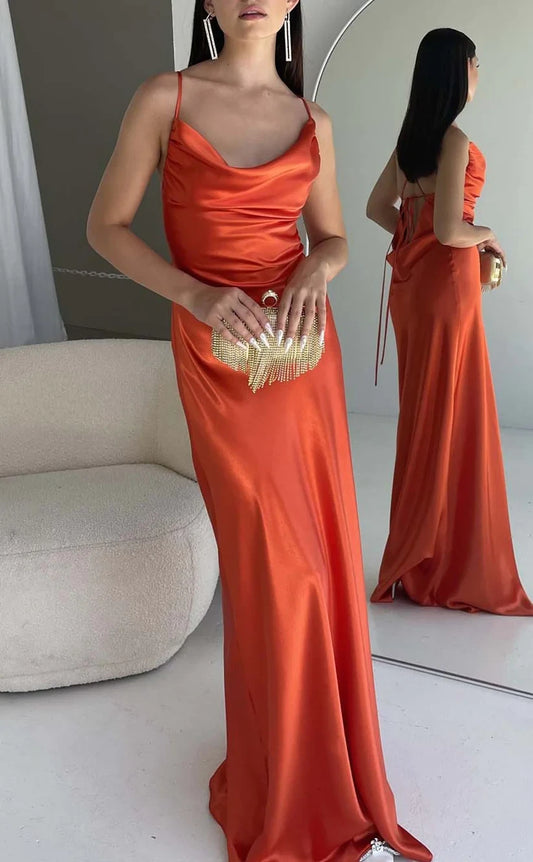 RP850-Sexy Orange Mermaid Spaghetti Ruched Sleeveless Long Prom Evening Dresses Formal Party Gowns With Slit