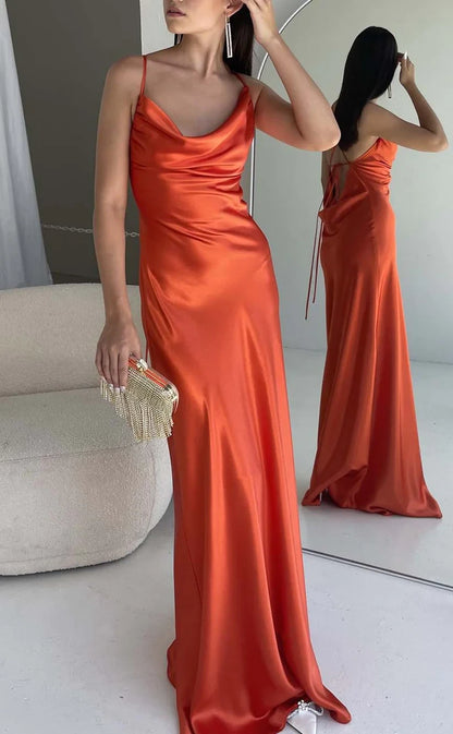 RP850-Sexy Orange Mermaid Spaghetti Ruched Sleeveless Long Prom Evening Dresses Formal Party Gowns With Slit