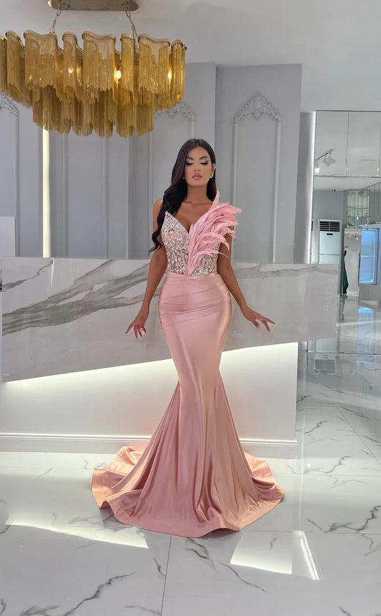 RP1826-New Pink Mermaid V-Neck Appliqued Feather Sleeveless Satin Prom Evening Dresses Formal Party Gowns With Train