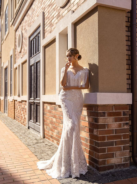 Sexy Mermaid Wedding Dresses Sweetheart Appliqued Tassels Cap Sleeves Lace Sweep Train Bridal Gowns Custom Made