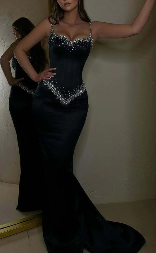 RP859-New Arrivals Mermaid Black Spaghetti Beads Long Prom Evening Dresses Formal Party Gowns