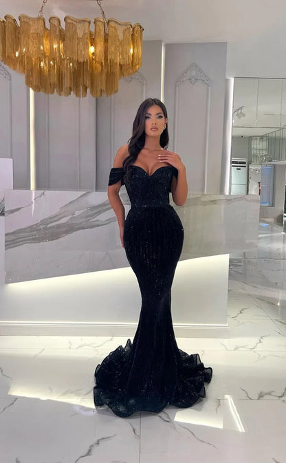 RP1825-Luxurious Black Mermaid Off-the-Shoulder Sequins Appliqued Sleeveless Tulle Prom Evening Dresses Formal Party Gowns With Train