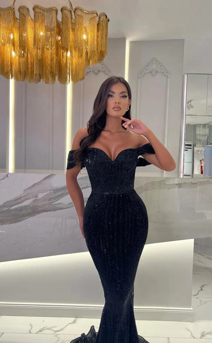 RP1825-Luxurious Black Mermaid Off-the-Shoulder Sequins Appliqued Sleeveless Tulle Prom Evening Dresses Formal Party Gowns With Train