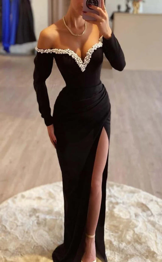RP861-Gorgeous Black Mermaid Off-the-Shoulder Pearls Long Sleeves Long Prom Evening Dresses Formal Party Gowns With Side Slit