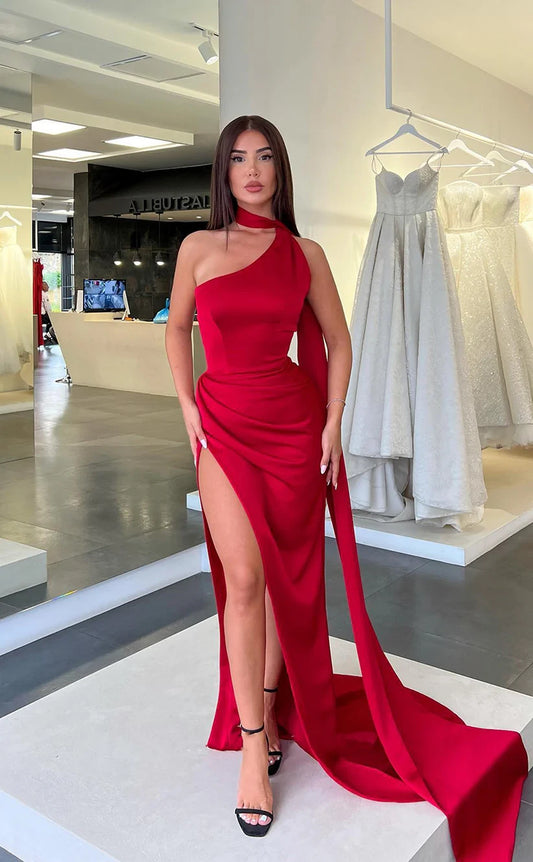 RP1819-Elegant Red Mermaid High Neck Ruched Sleeveless Satin Prom Evening Dresses Formal Party Gowns With Slit