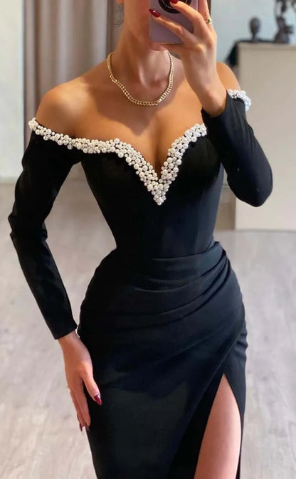 RP861-Gorgeous Black Mermaid Off-the-Shoulder Pearls Long Sleeves Long Prom Evening Dresses Formal Party Gowns With Side Slit
