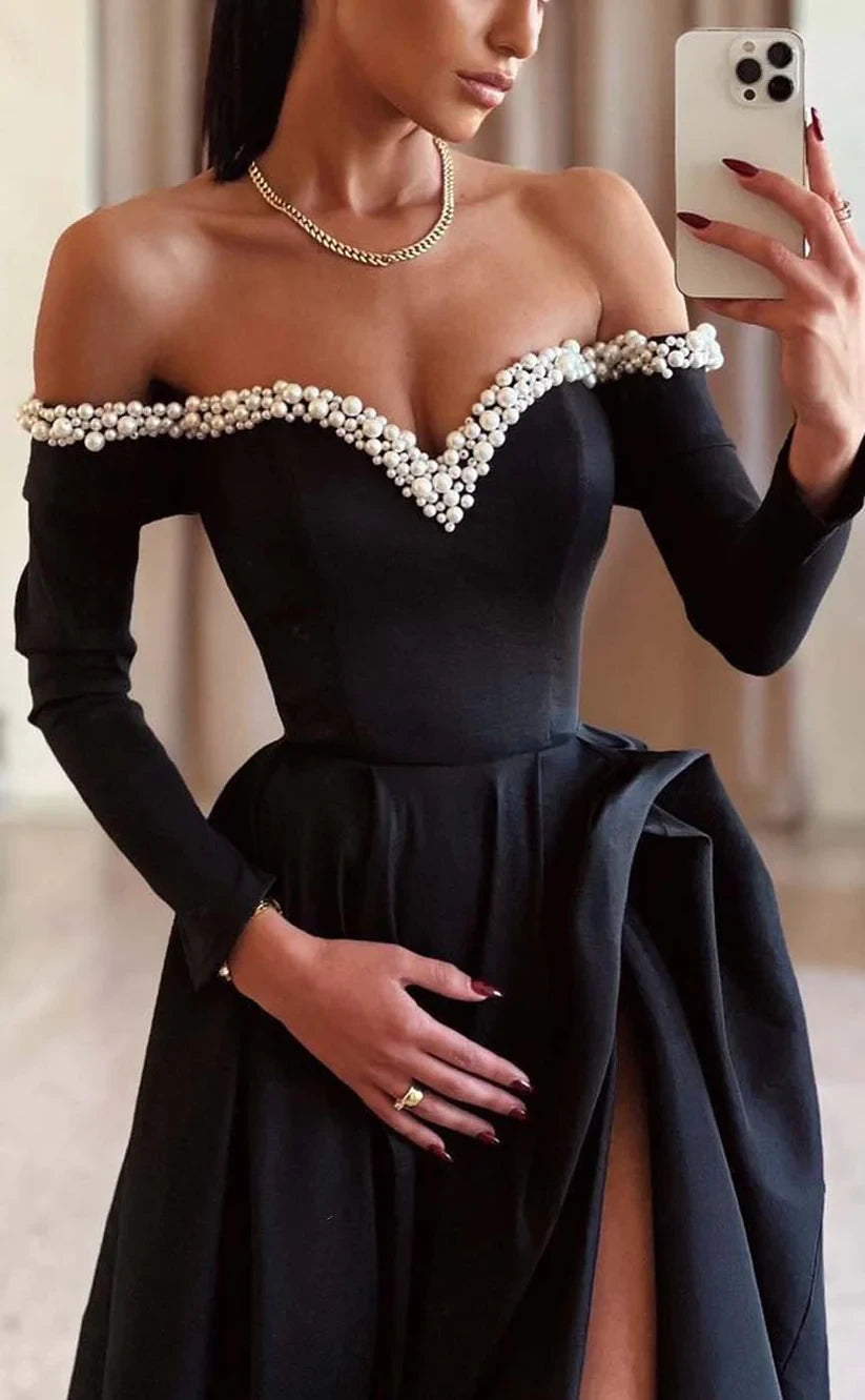 RP862-Gorgeous Black A-Line Off-the-Shoulder Pearls Long Sleeves Long Prom Evening Dresses Formal Party Gowns With Side Slit