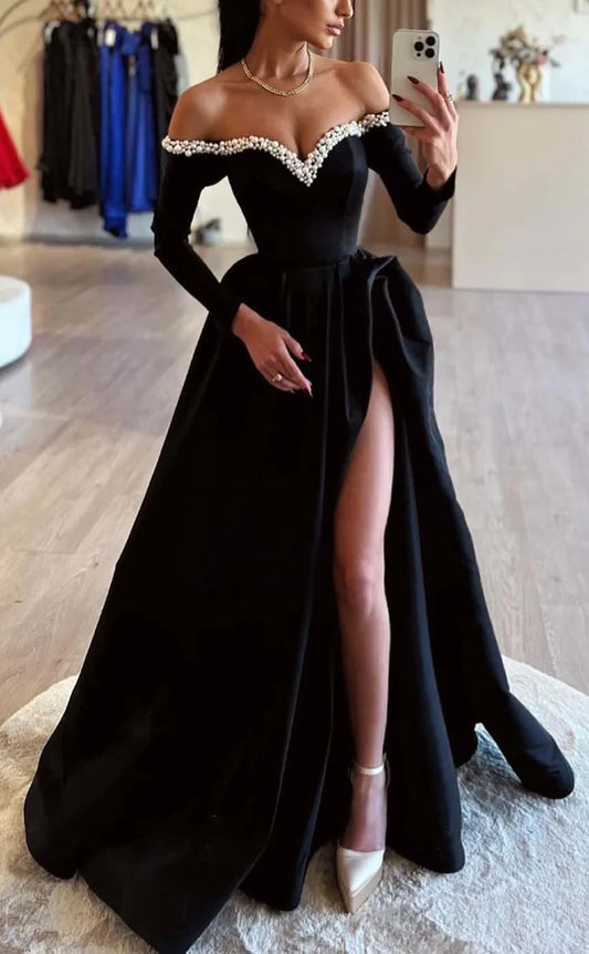 RP862-Gorgeous Black A-Line Off-the-Shoulder Pearls Long Sleeves Long Prom Evening Dresses Formal Party Gowns With Side Slit